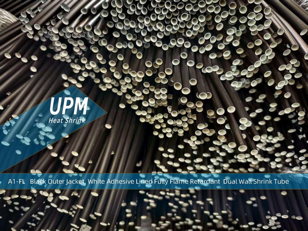 Want a fully flame retardant (A1-FL) heat shrink for your wire harness? Black heat shrink tubing white inner adhesive Fully flame retardant shink tubing