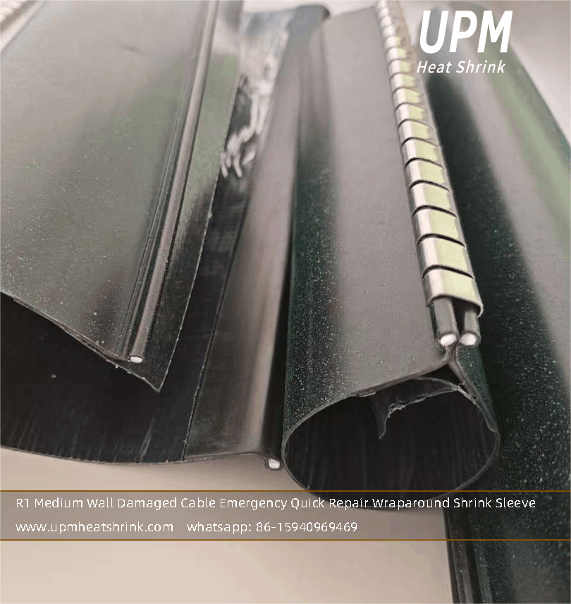 Power cable emergency repair wraparound heat shrink sleeve with metal zipper (rail)